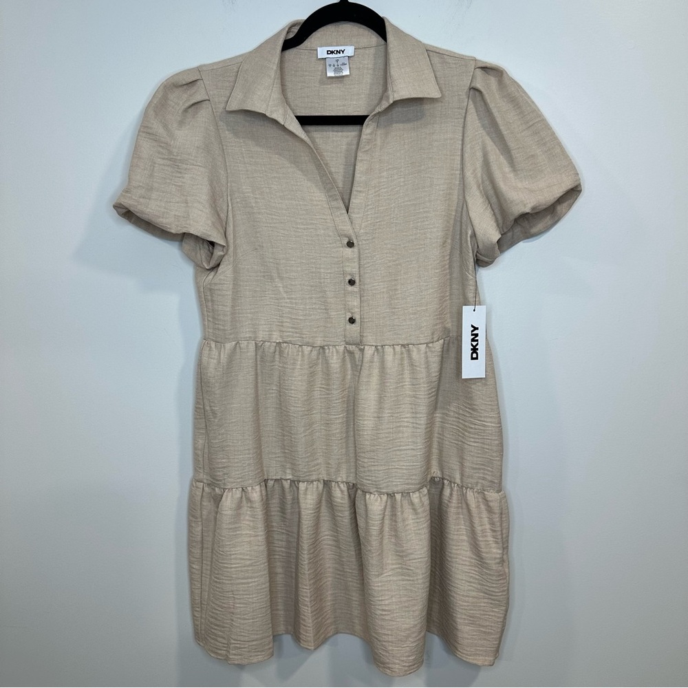 DKNY Short Bubble Sleeve Collared V Neck Beige Tiered Skirt Dress Size 6 NWT